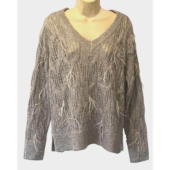New Chico's Gray Wool blend Sequins Feather Pullover Sweater Top - Picture 11 of 15